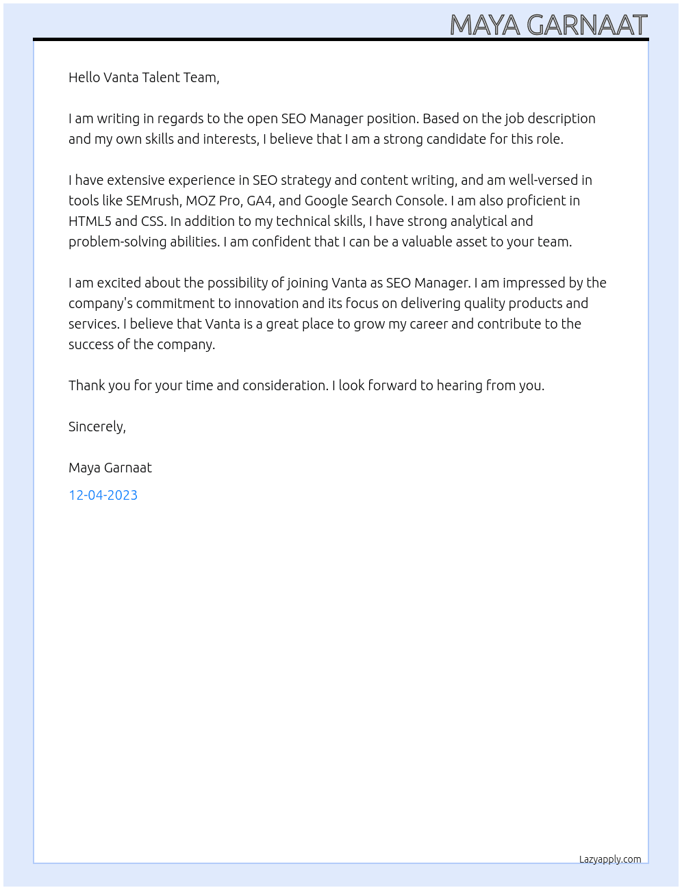 SEO Manager At Vanta Cover Letter