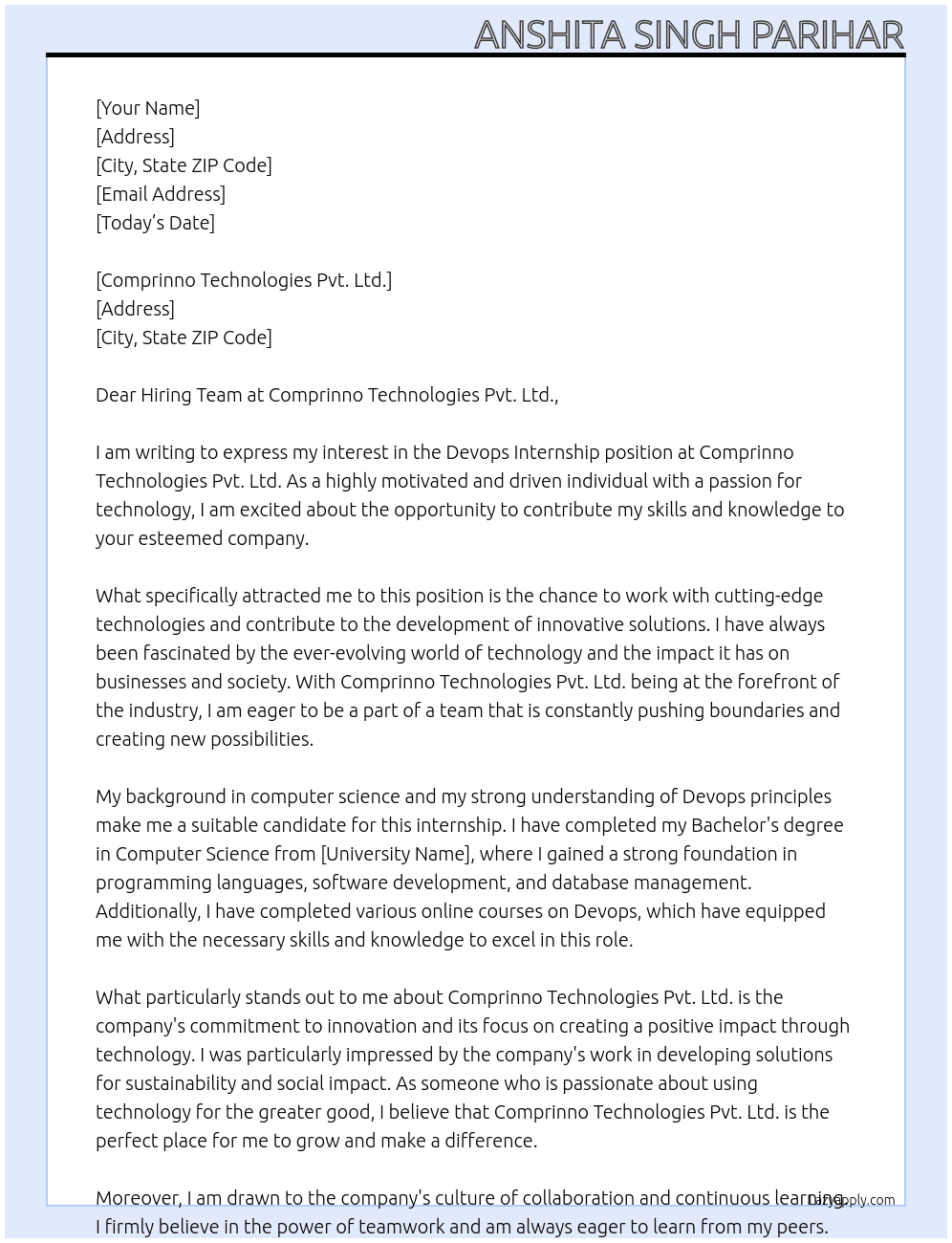 Devops Internship At Comprinno Technologies Pvt. Ltd. Cover Letter