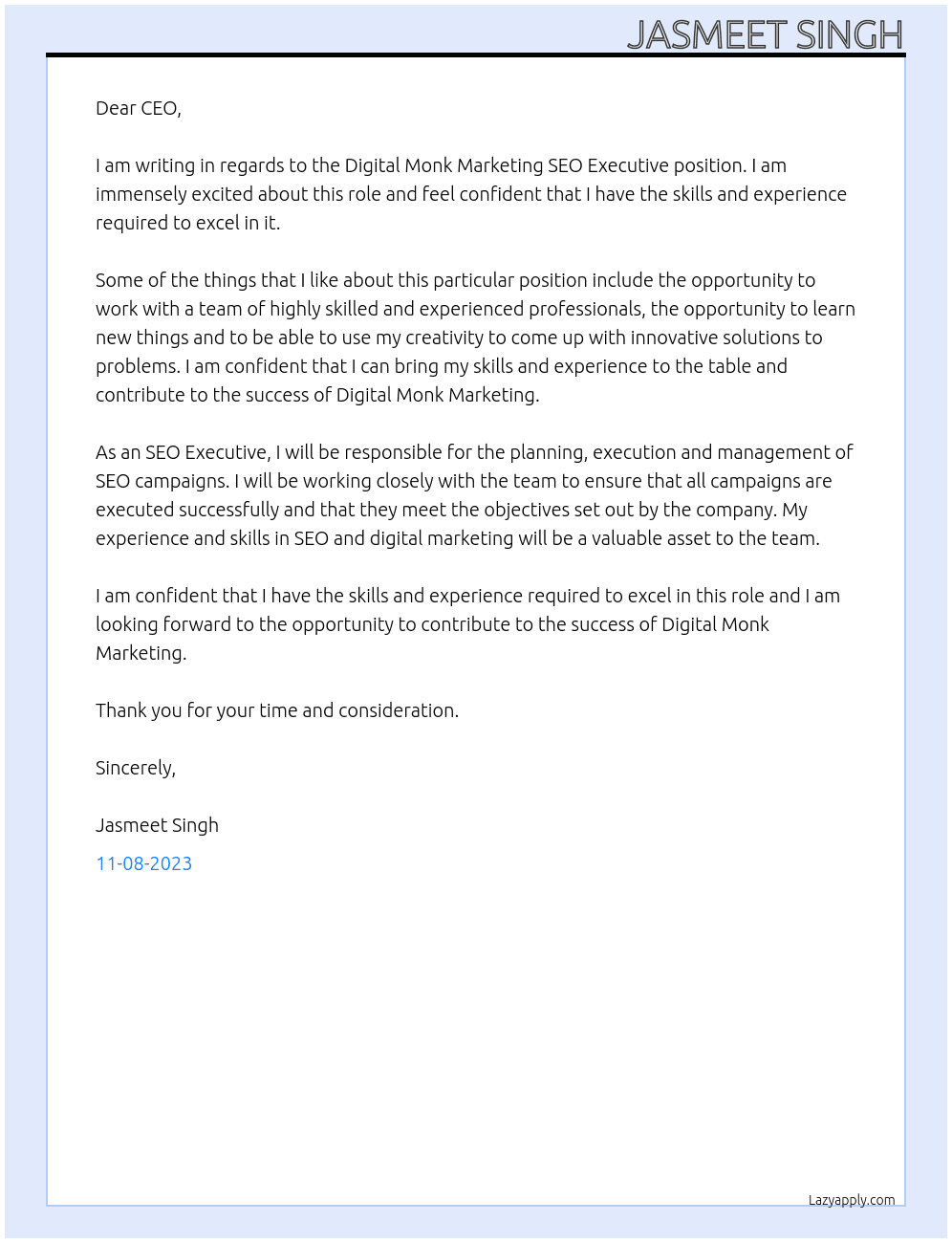 SEO Executive At digital monk marketing Cover Letter