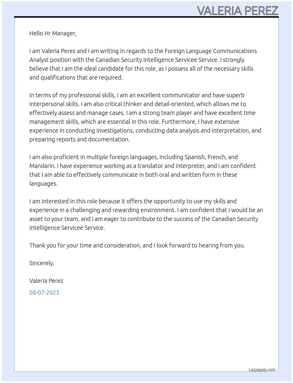 Foreign Language Communications Analyst At Canadian Security Intelligence Servicee Service Cover Letter