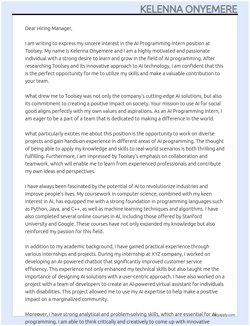 Cover letter for ai programming intern - LazyApply