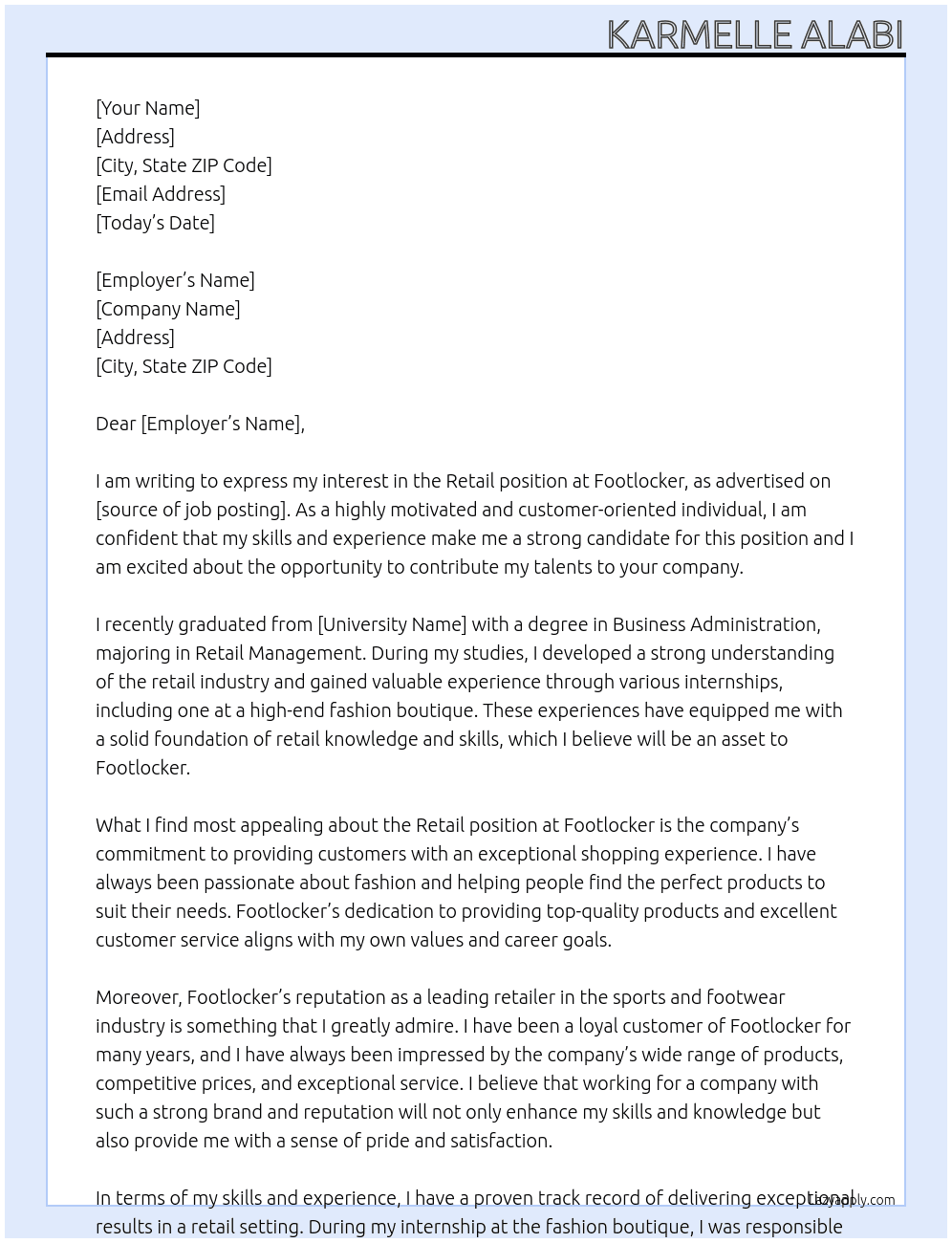 retail At footlocker Cover Letter