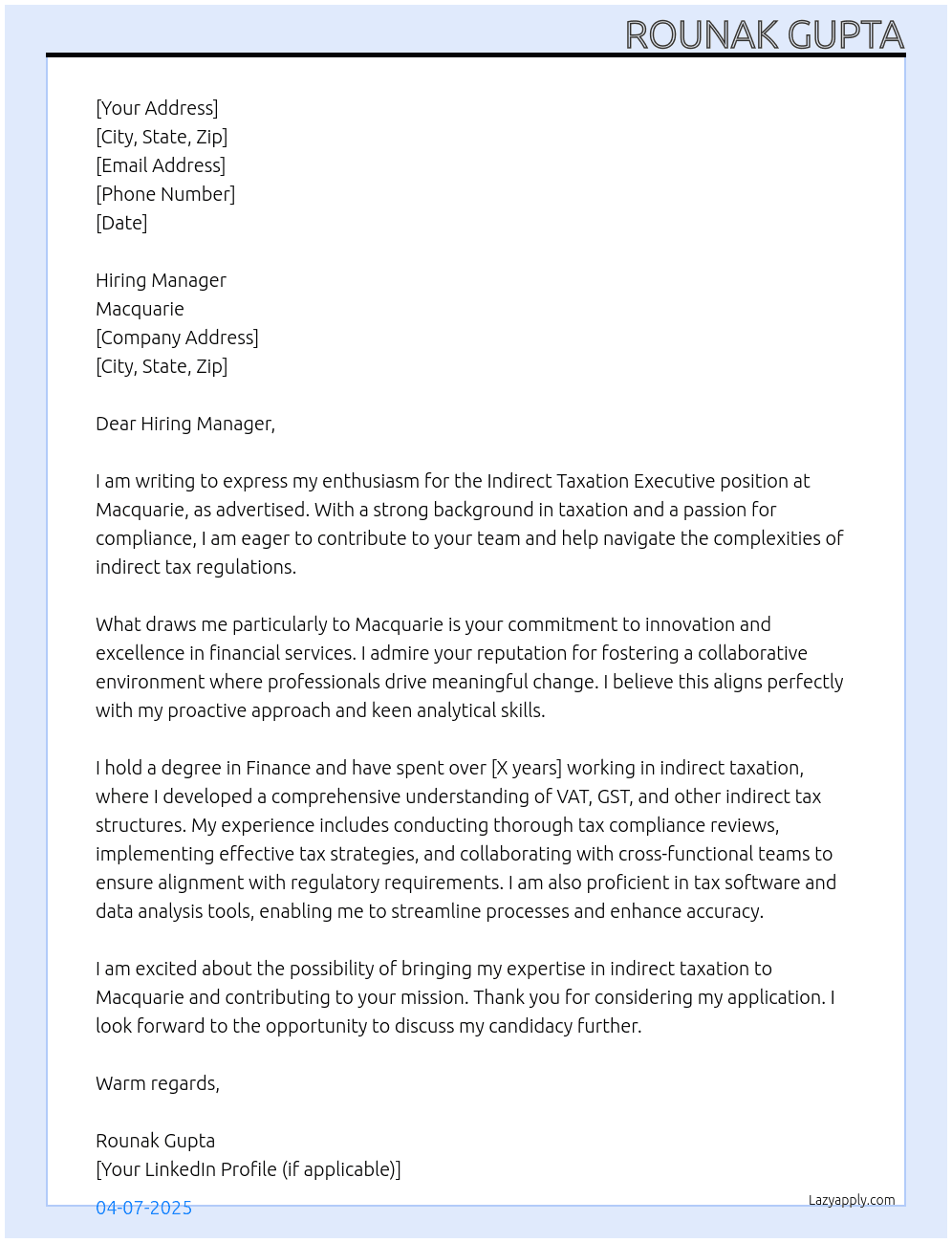 Indirect Taxation Executive At Macquarie Cover Letter