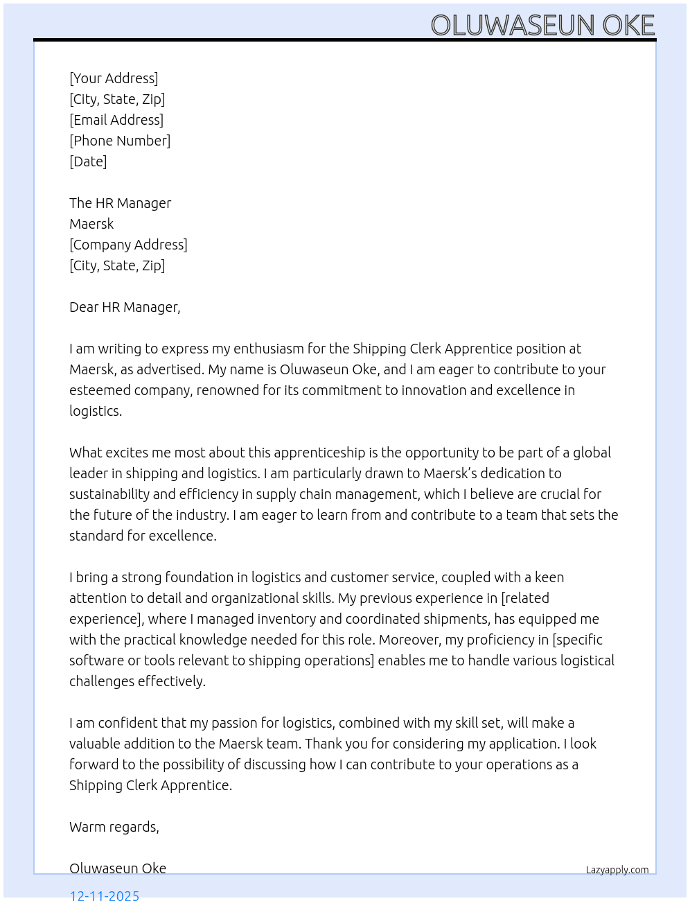 shipping clerk apprentice At Maersk Cover Letter