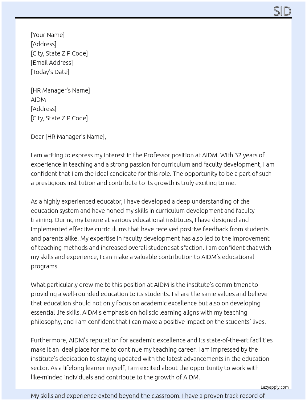 Professor  At AIDM  Cover Letter
