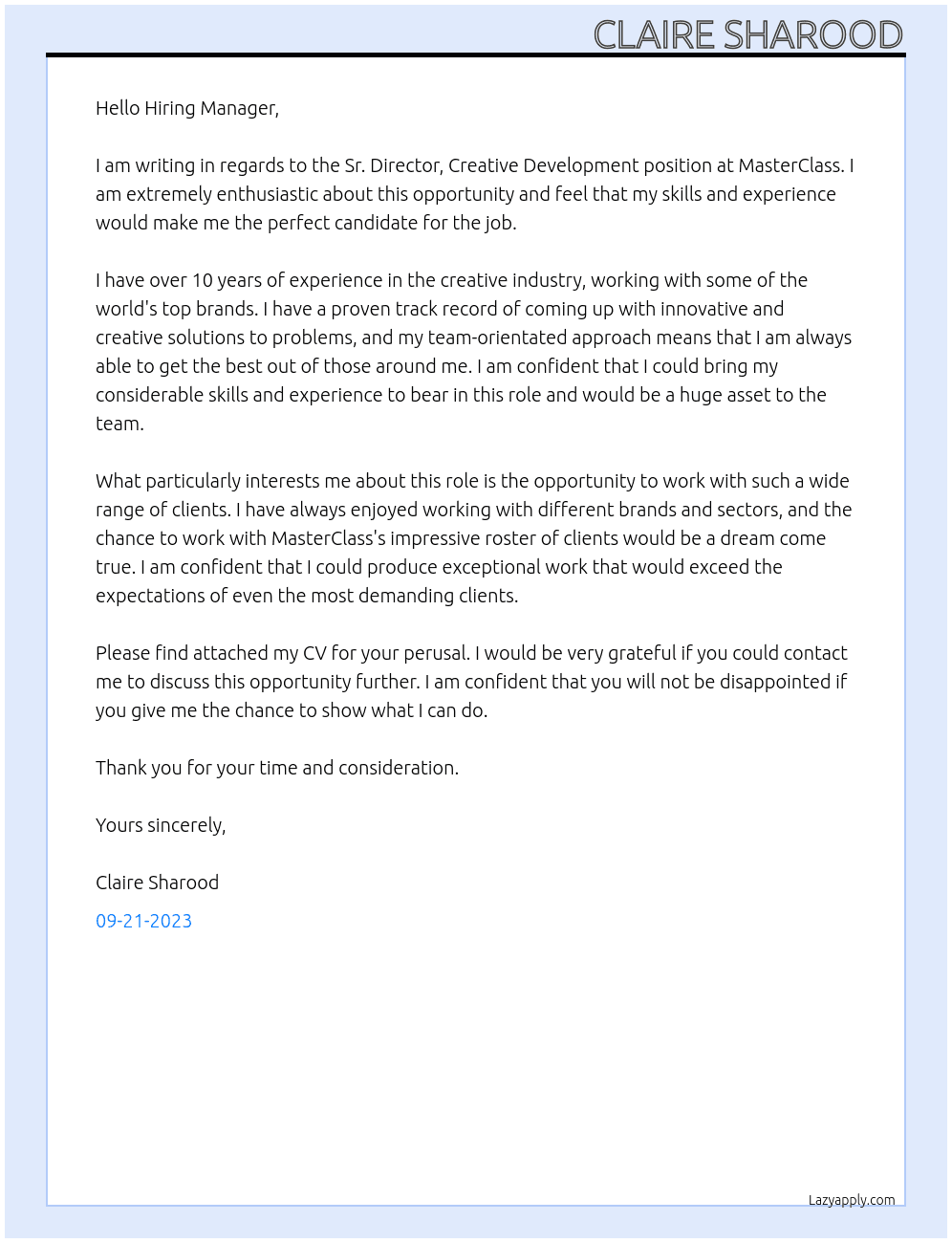 Sr. Director, Creative Development At MasterClass Cover Letter
