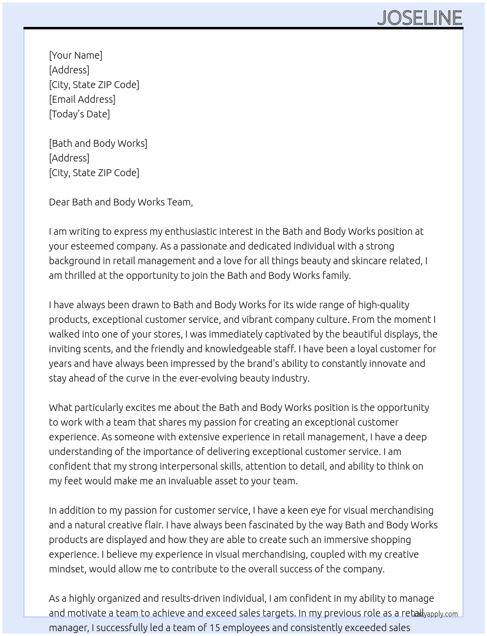Bath and body works  At Bath and body works  Cover Letter