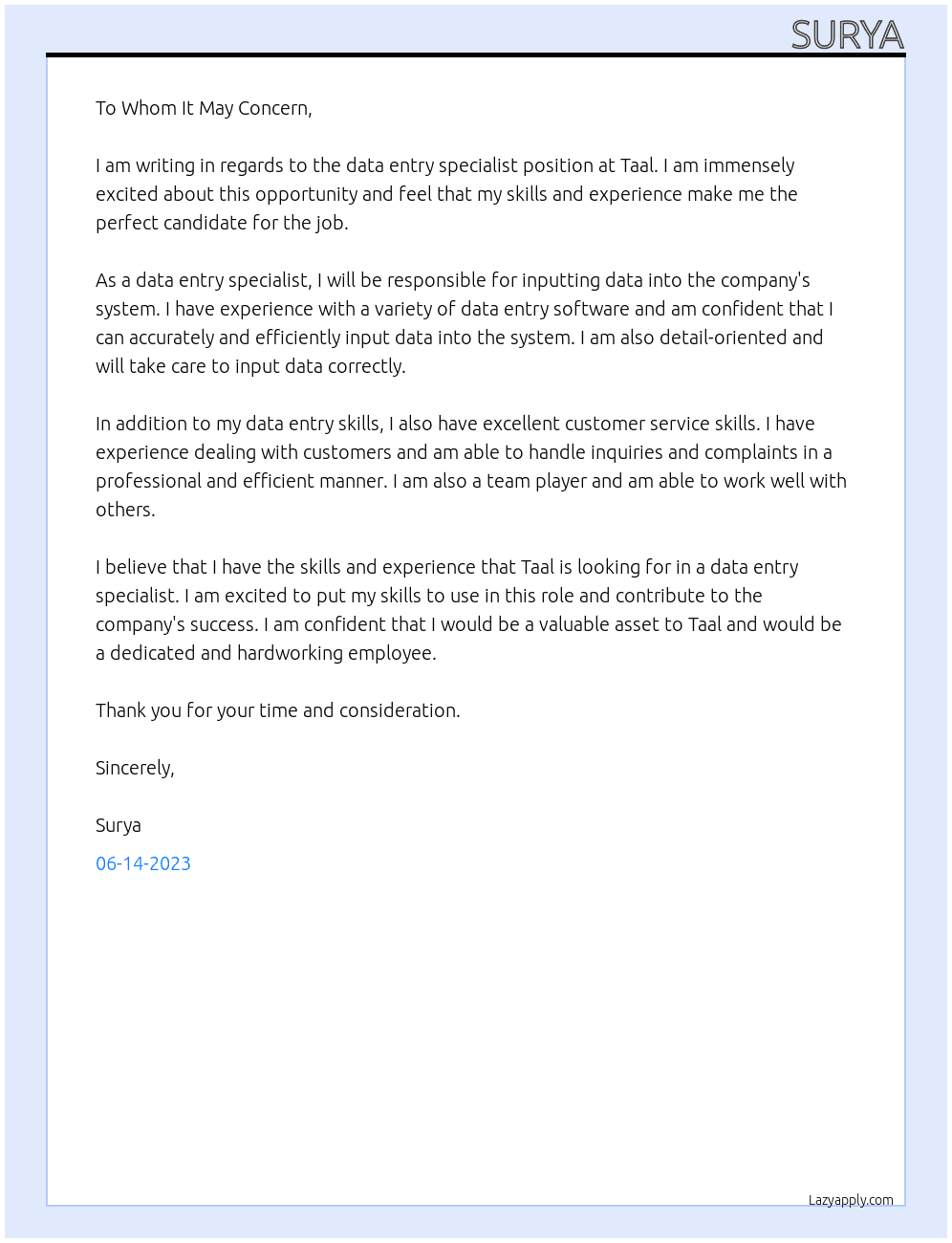 data entry specialist At Taal Cover Letter
