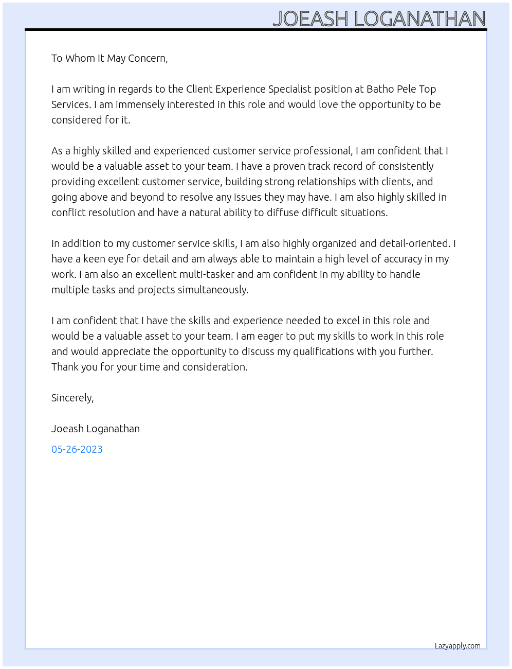 Client Experience specialists At Batho Pele Top Services Cover Letter
