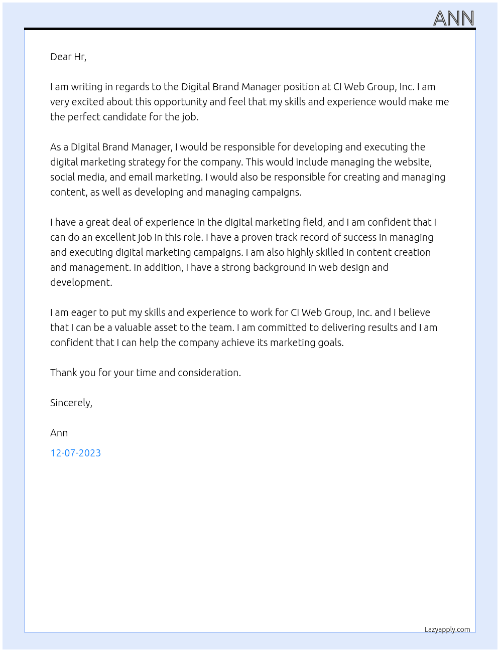 Digital Brand Manager At CI Web Group, Inc.  Cover Letter