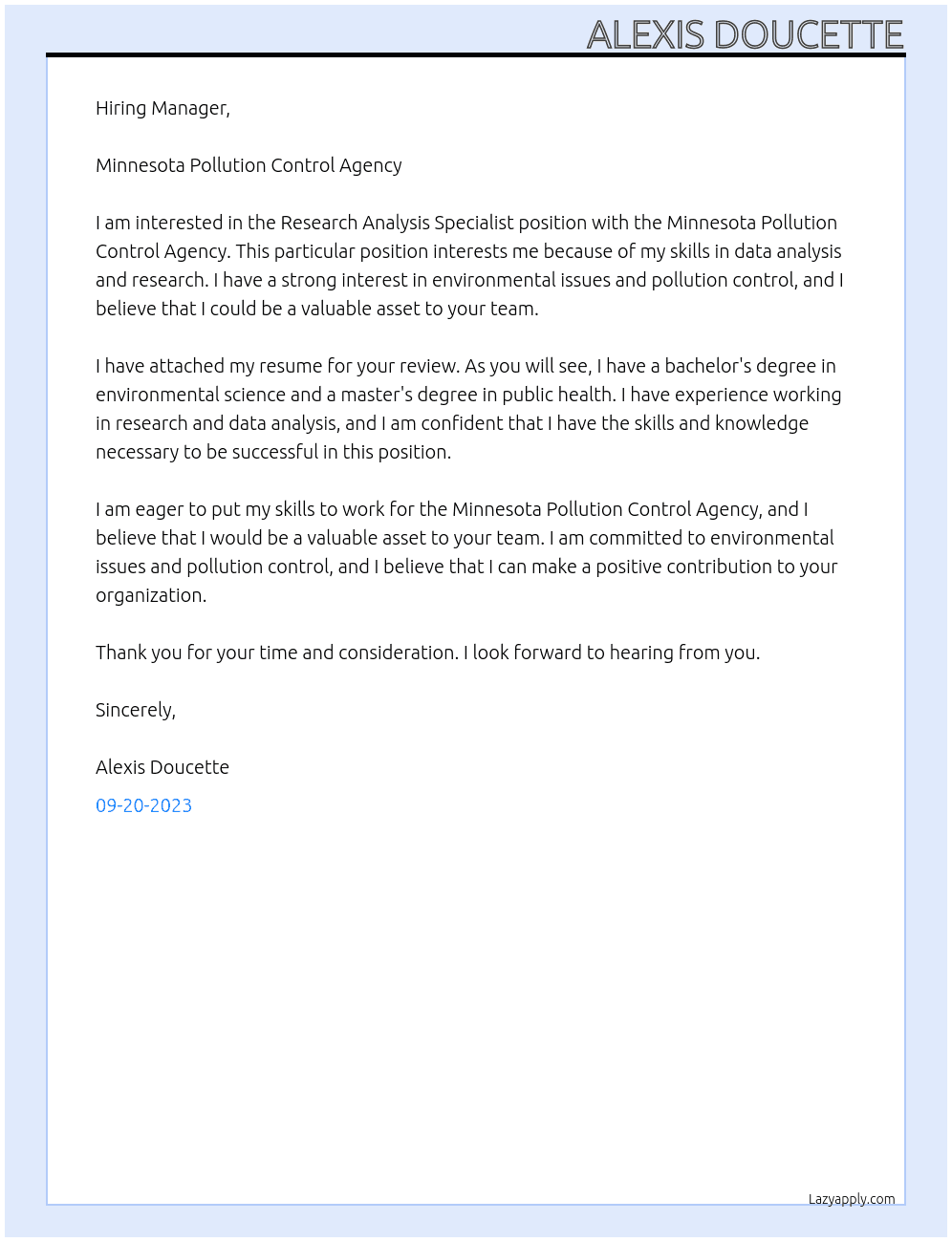Research Analysis Specialist At Minnesota Pollution Control Agency Cover Letter