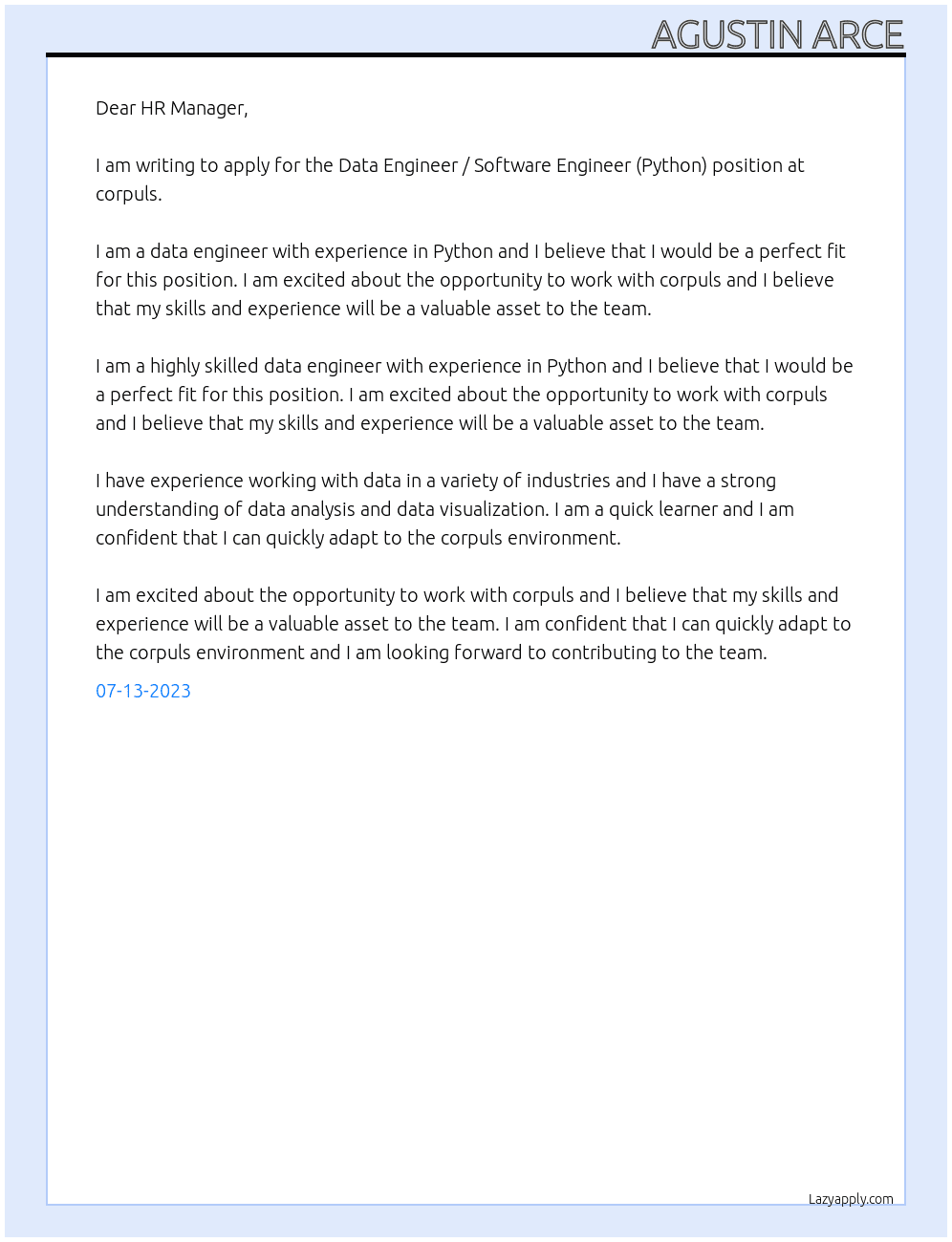 Data Engineer / Software Engineer (Python) At corpuls Cover Letter