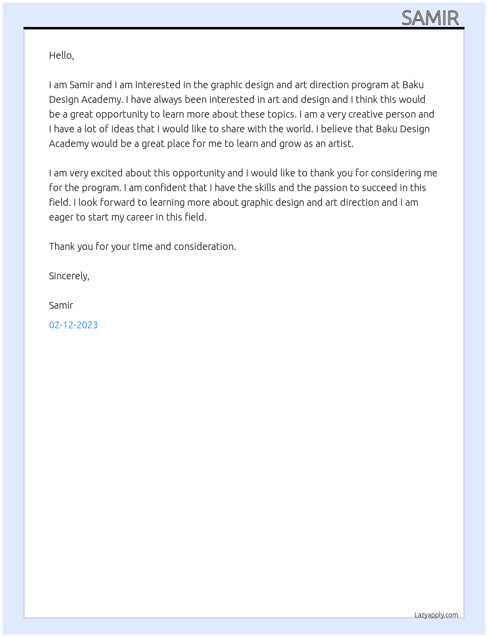 graphic designe and art direction program At Baku Design Academy Cover Letter