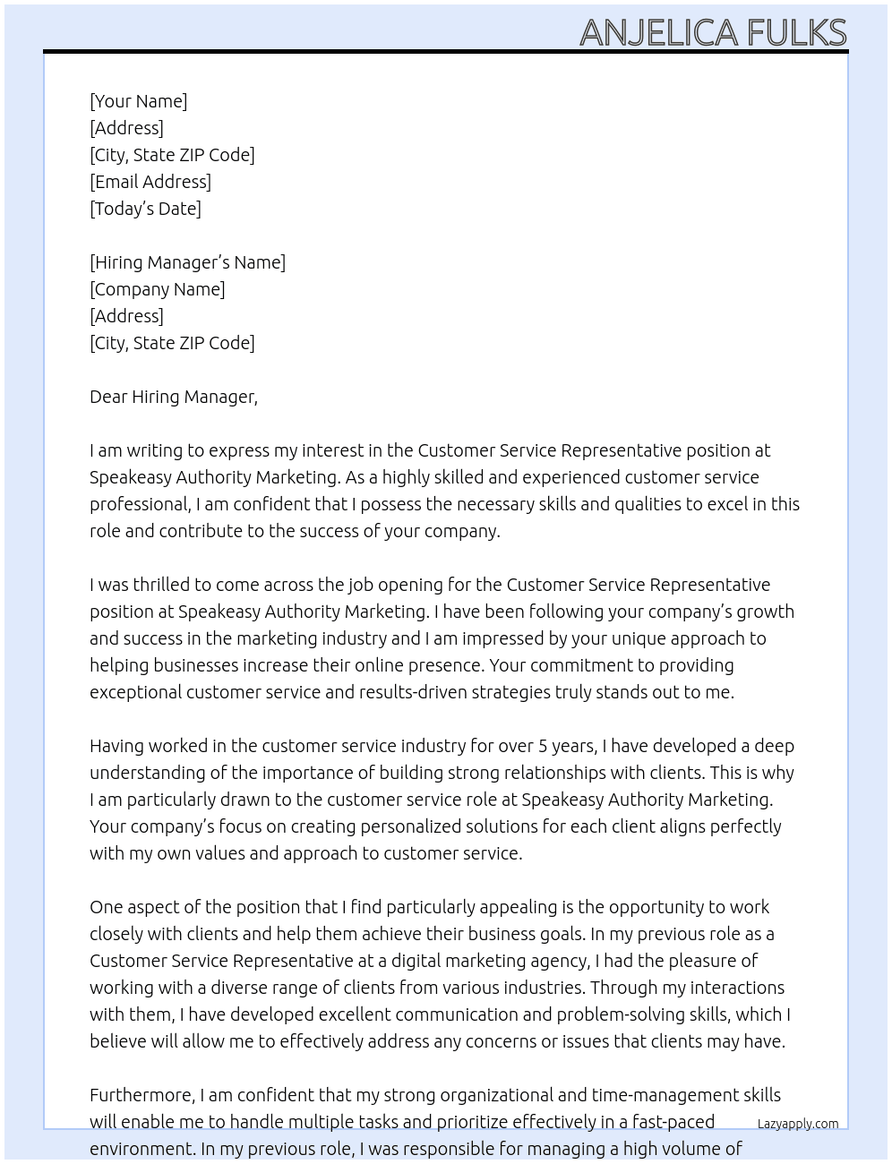Customer Service Representative At Speakeasy Authority Marketing Cover Letter
