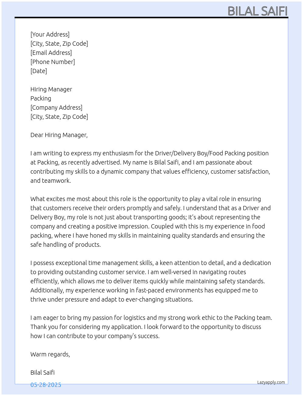 Driver/delevery boy/food packing  At Packing  Cover Letter