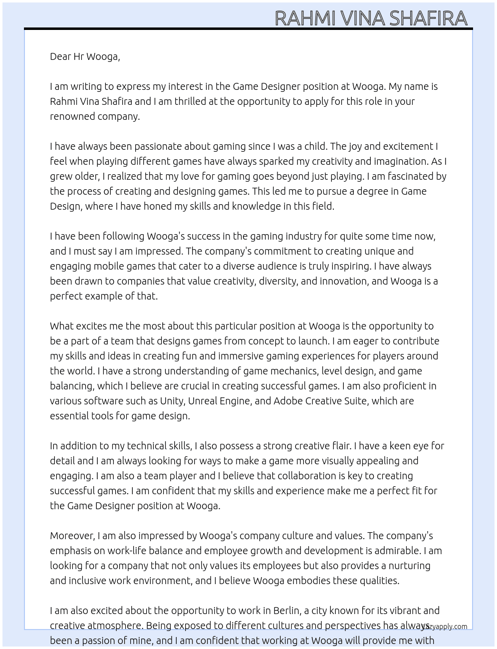 Game Designer At Wooga Cover Letter