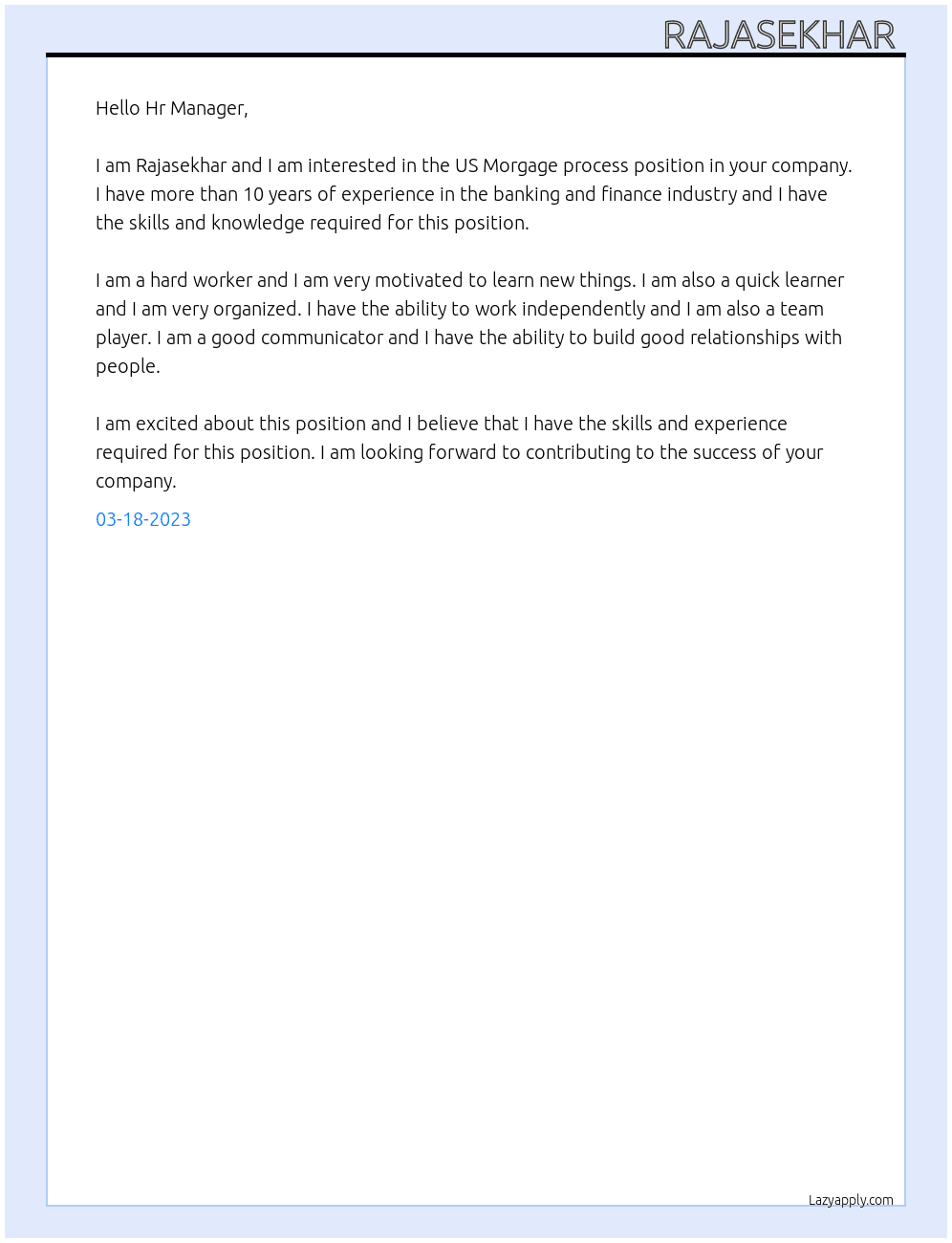 US Morgage process  At InspectHOA Cover Letter