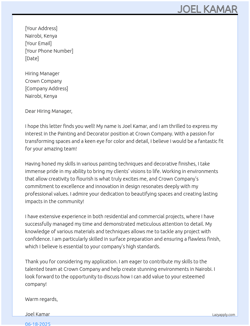 Painting and decorator  At Crown company  Cover Letter