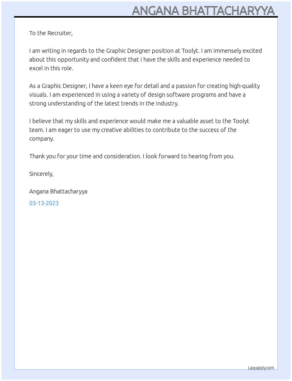 Graphic Desighner At Toolyt Cover Letter