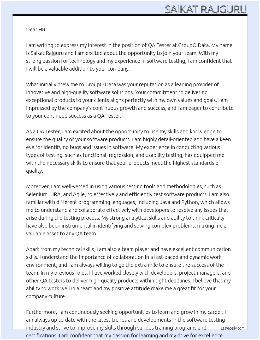 QA Tester At GroupO Data Cover Letter