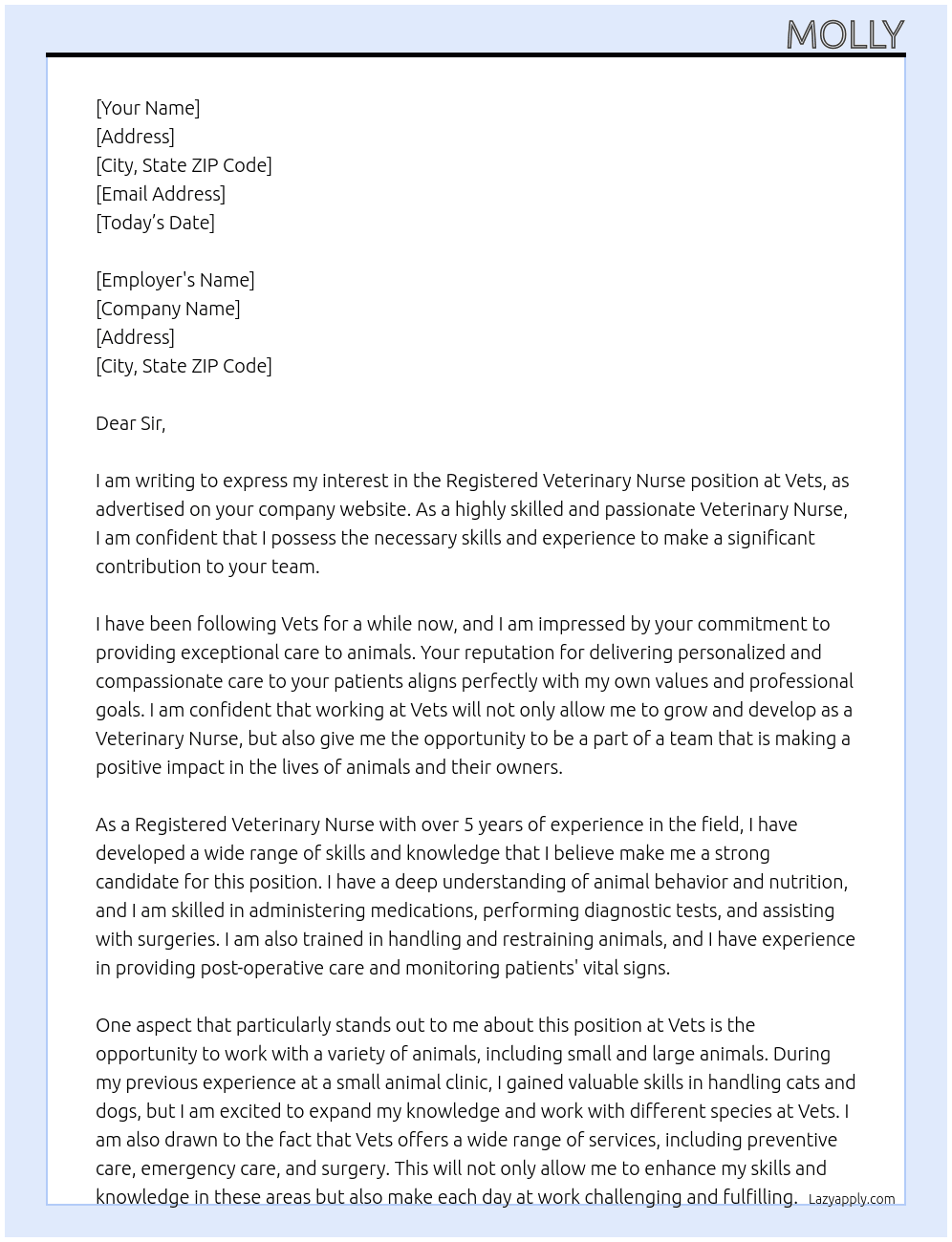 Registered Veterinary Nurse At Vets Cover Letter