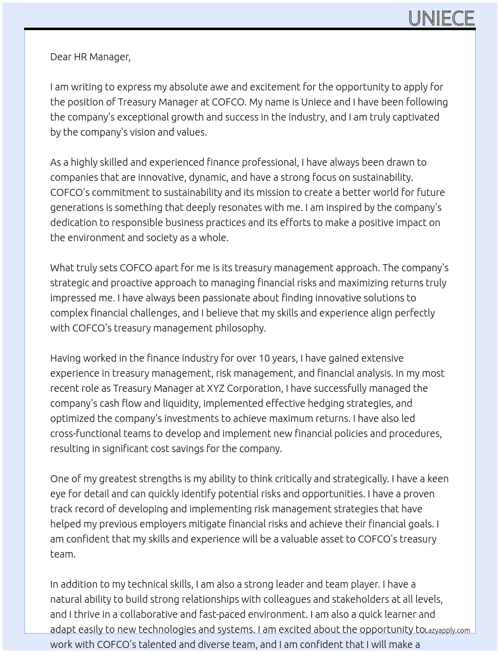 Treasury Manager At COFCO Cover Letter