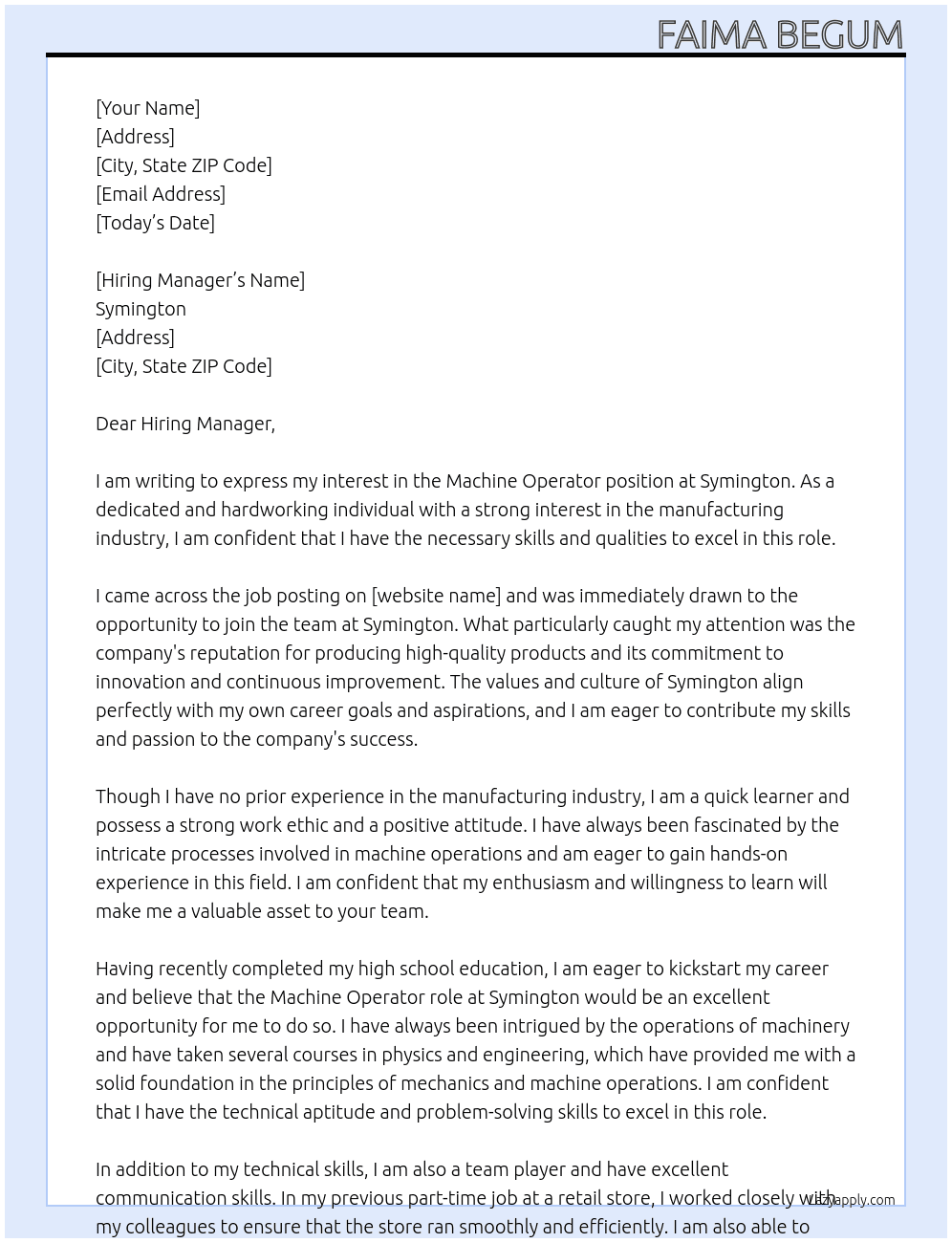 Machine Operator  At Symington  Cover Letter