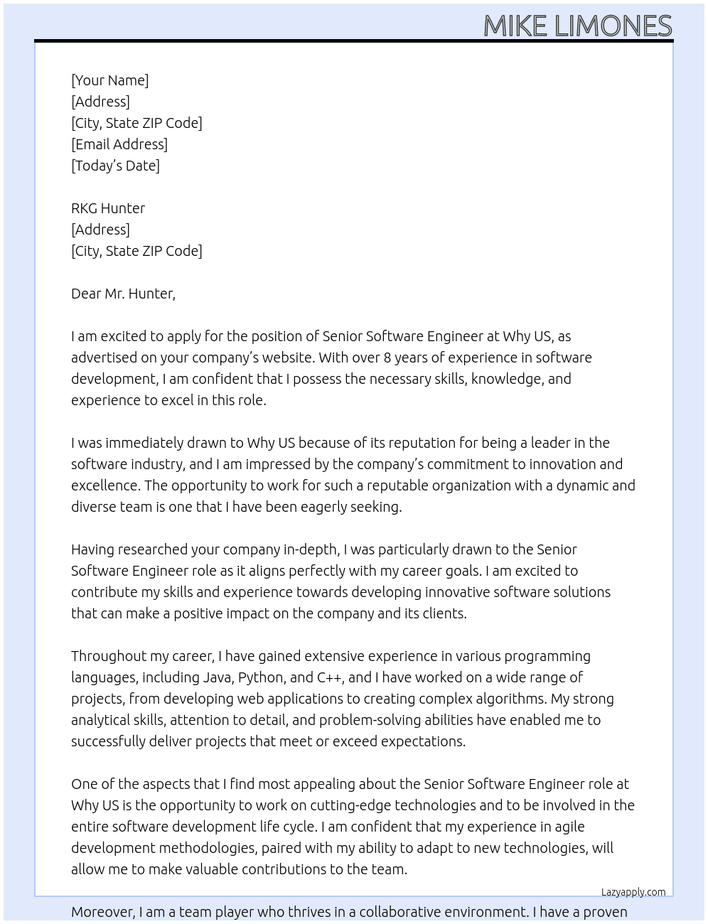 SENIOR SOFTWARE ENGINEER At Why US Cover Letter