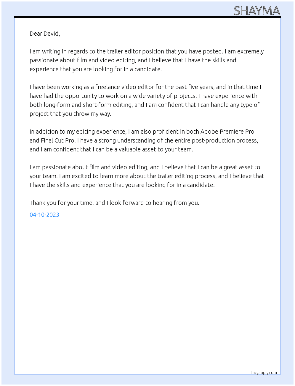 trailer editor At david Cover Letter