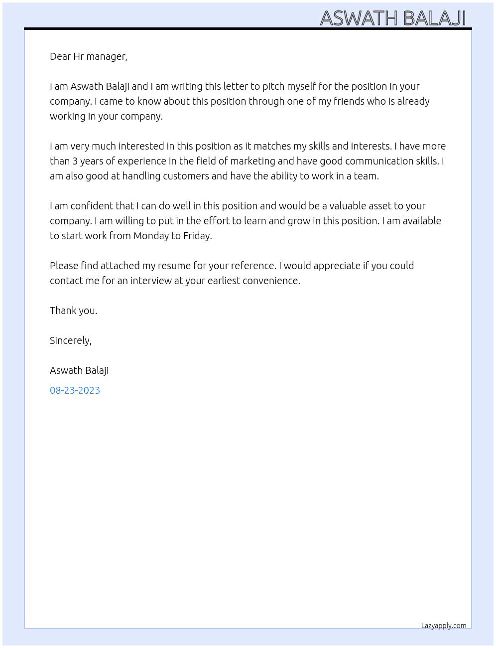 Pitch yourself  At Parkbee Cover Letter
