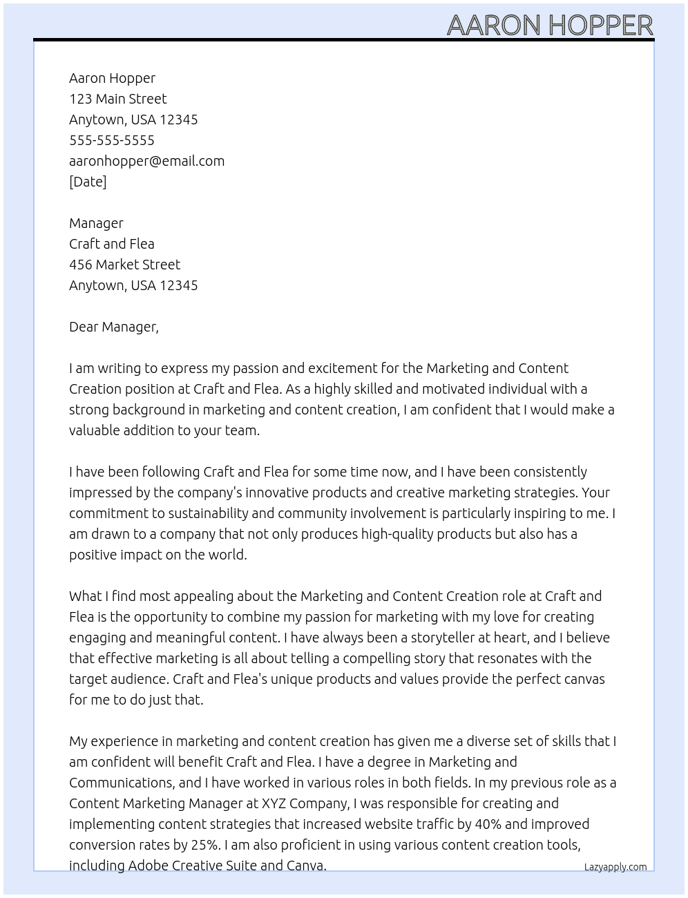 Marketing and content creation At Craft and Flea Cover Letter