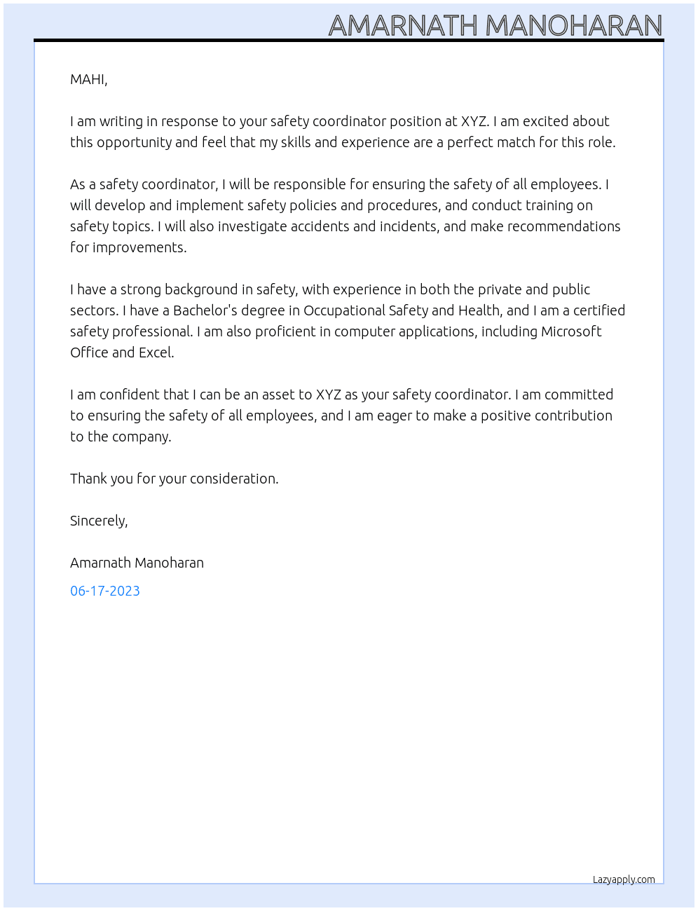 Safety Coordinator At XYZ Cover Letter