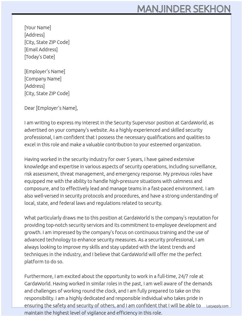 Security supervisor  At GardaWorld Cover Letter