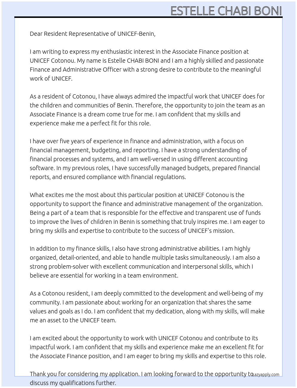 Associée finances At UNCEF Cotonou Cover Letter