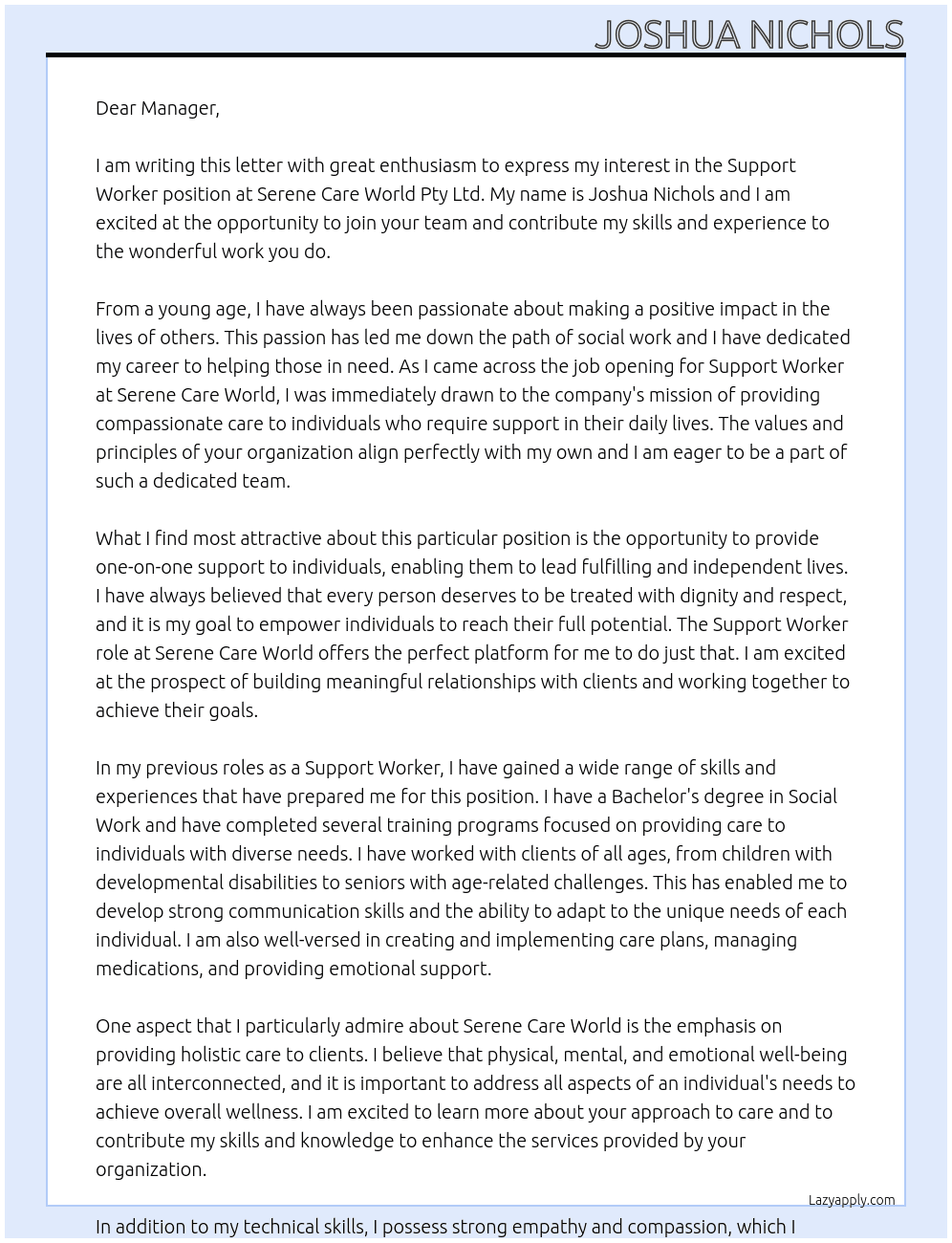 Support Worker At Serene Care World Pty Ltd Cover Letter
