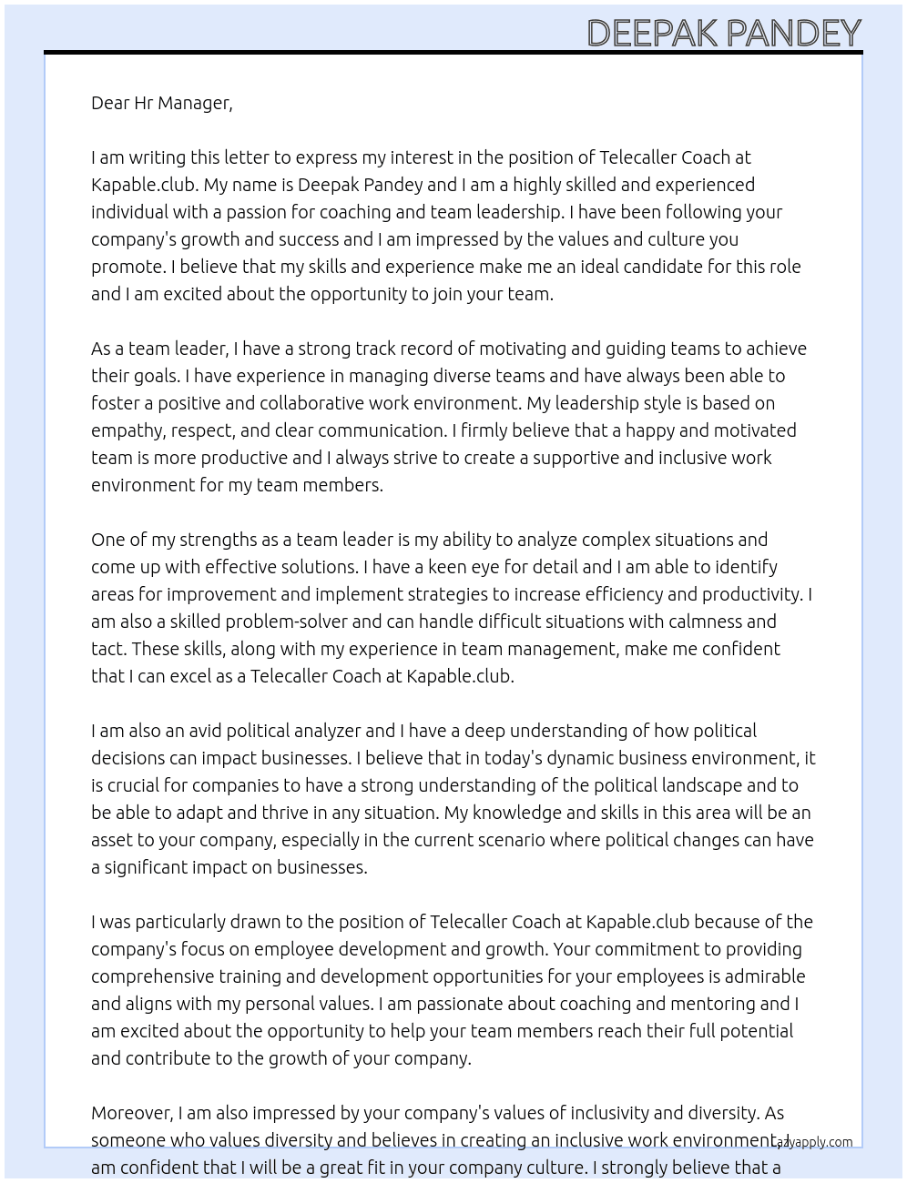 Telecaller coach At Kapable.club Cover Letter
