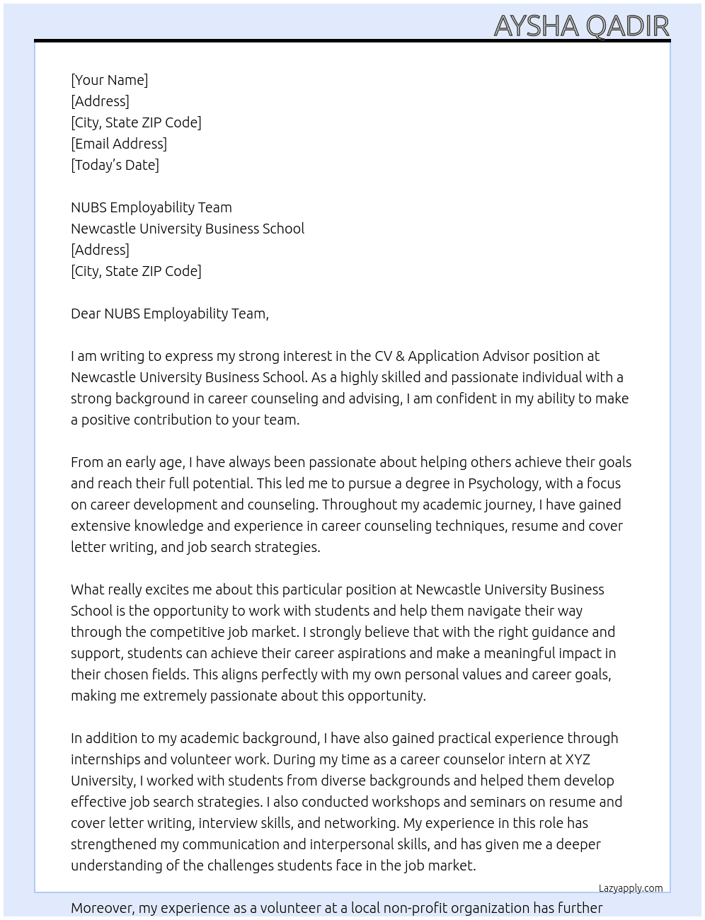 CV & Application advisor At Newcastle University Business School Cover Letter