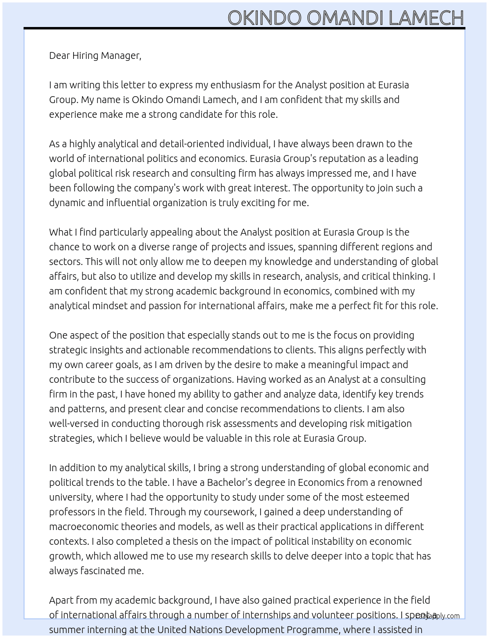 Analyst At Eurasia Group Cover Letter