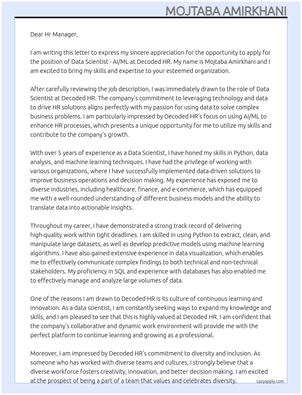 Data Scientist - AI/ML At Decoded HR Cover Letter
