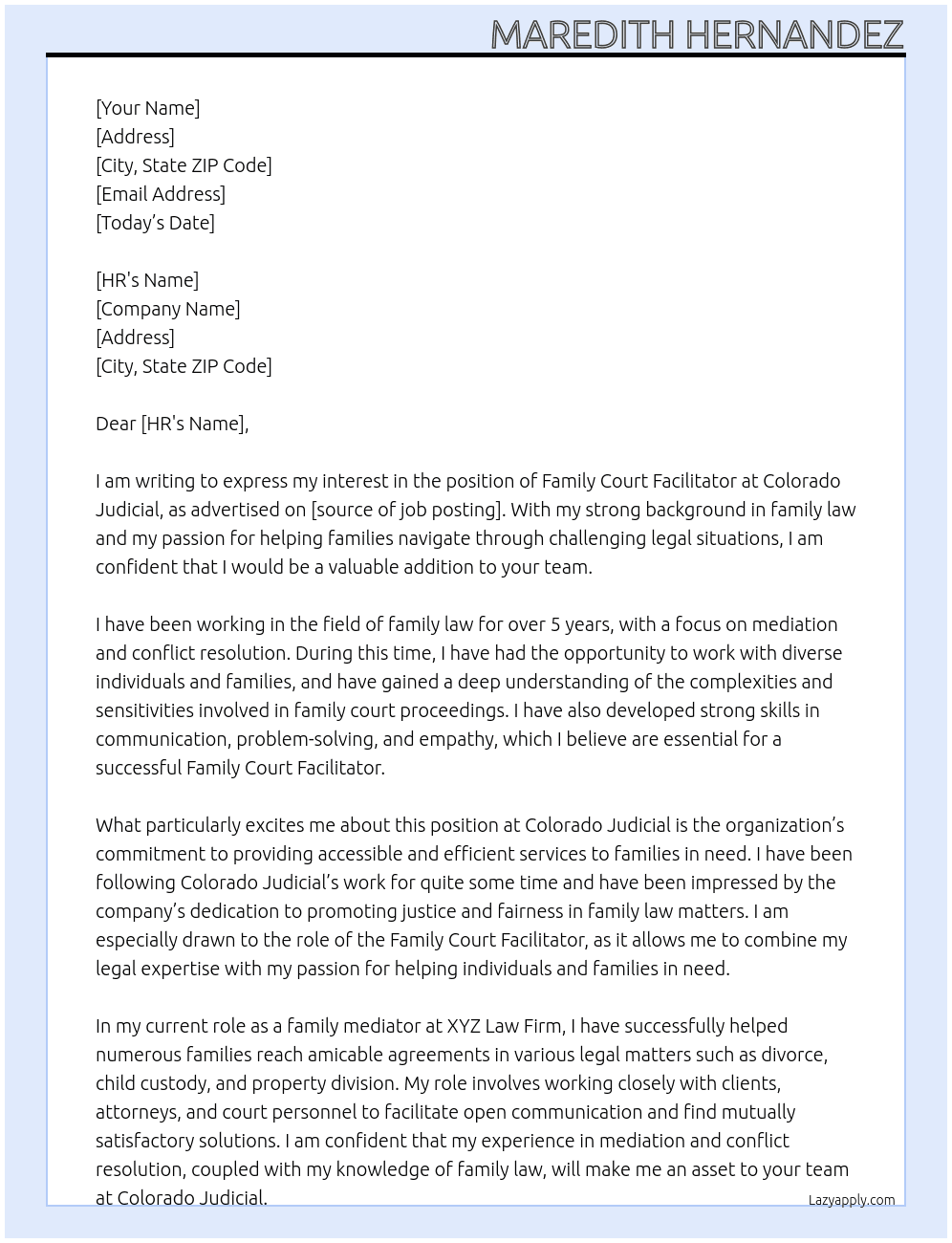 Family Court Facilitator  At Colorado Judicial  Cover Letter