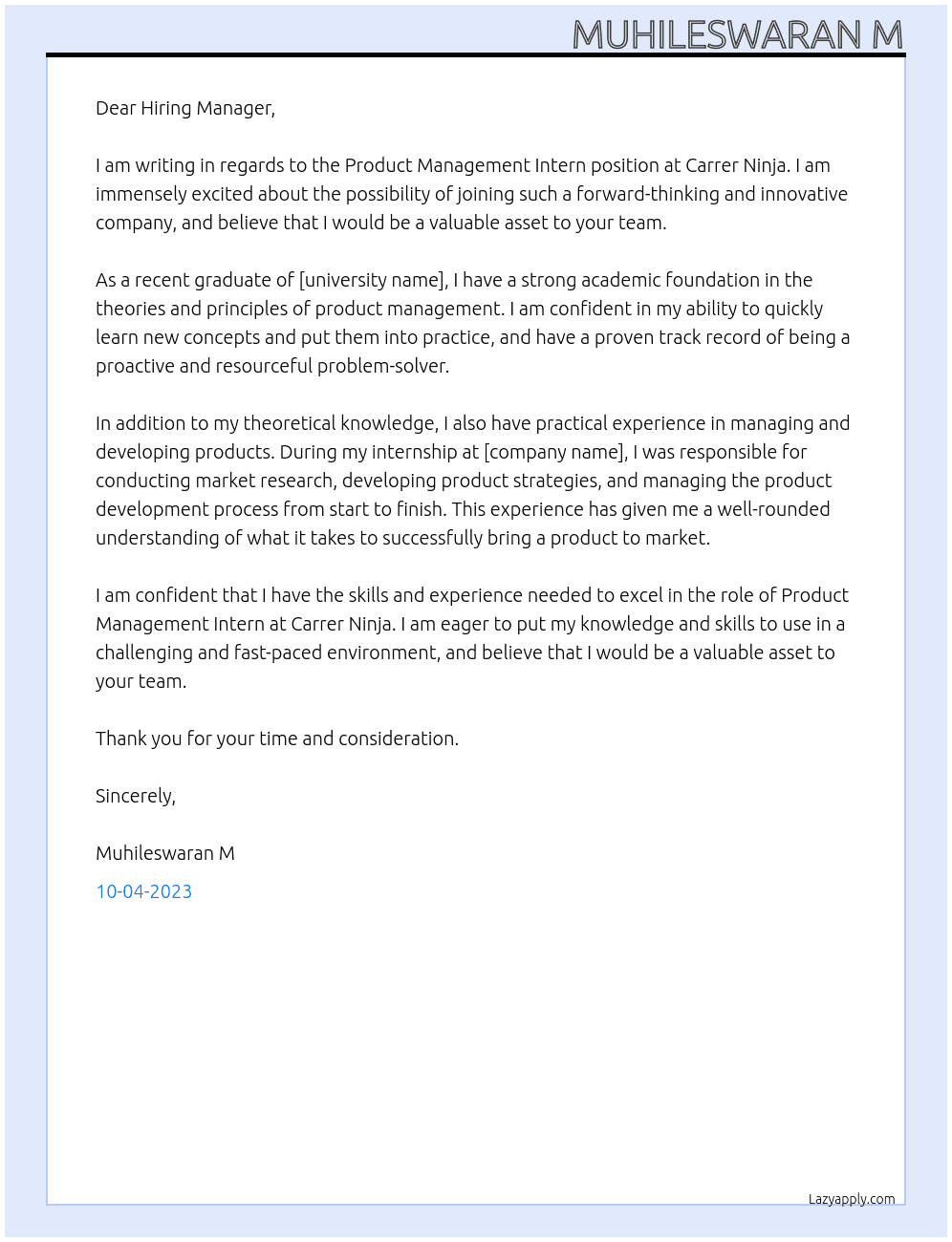 product management intern At Carrer ninja Cover Letter