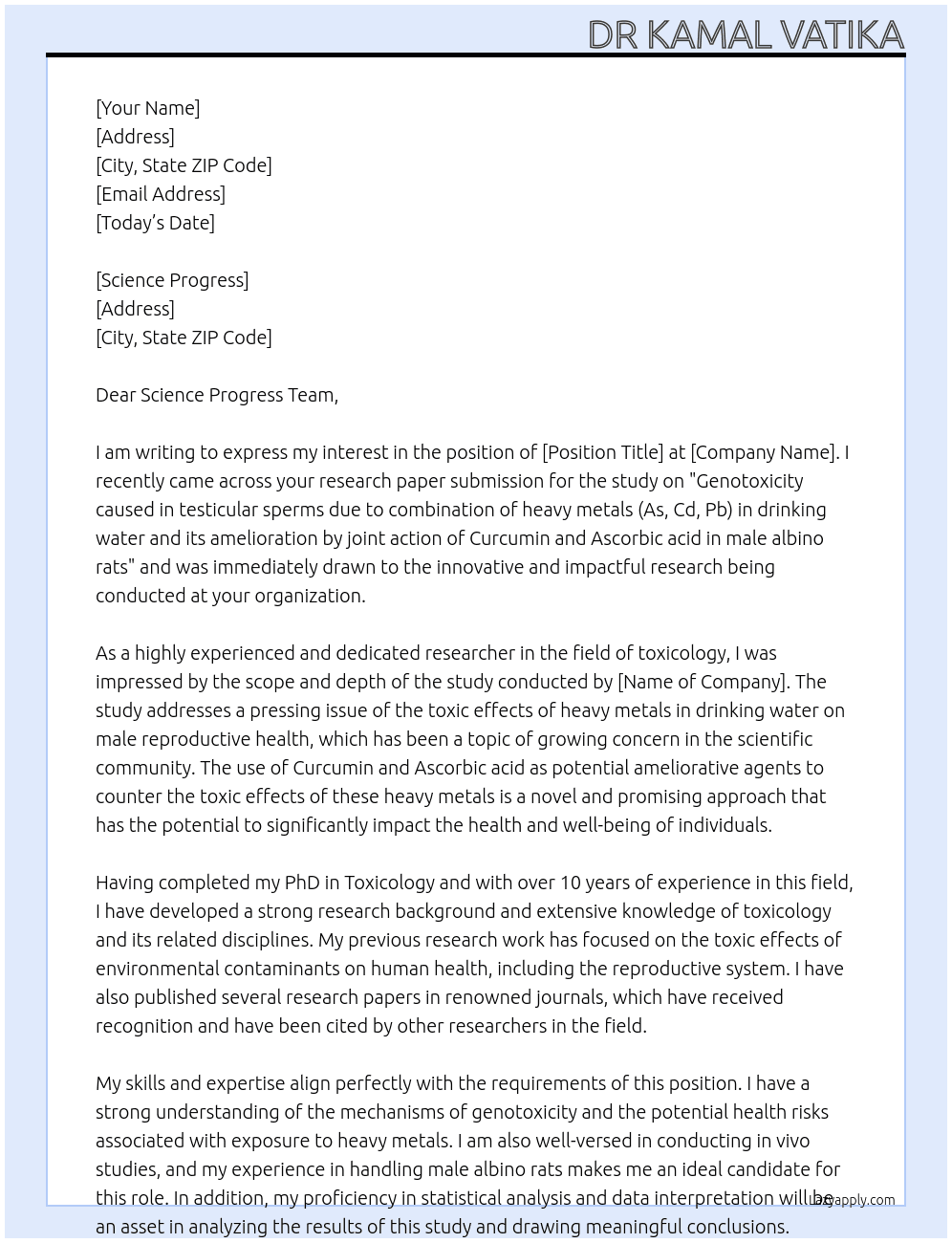 Genotoxicity caused in testicular sperms due to combination of  heavy metals (As, Cd, Pb) in drinking water and its  amelioration byjoint  action of Curcumin and Ascorbic acid in male albino rats At research paper submission Cover Letter