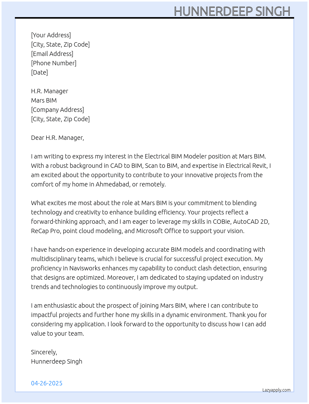 ELECTRICAL BIM MODELER  At Mars Bim  Cover Letter