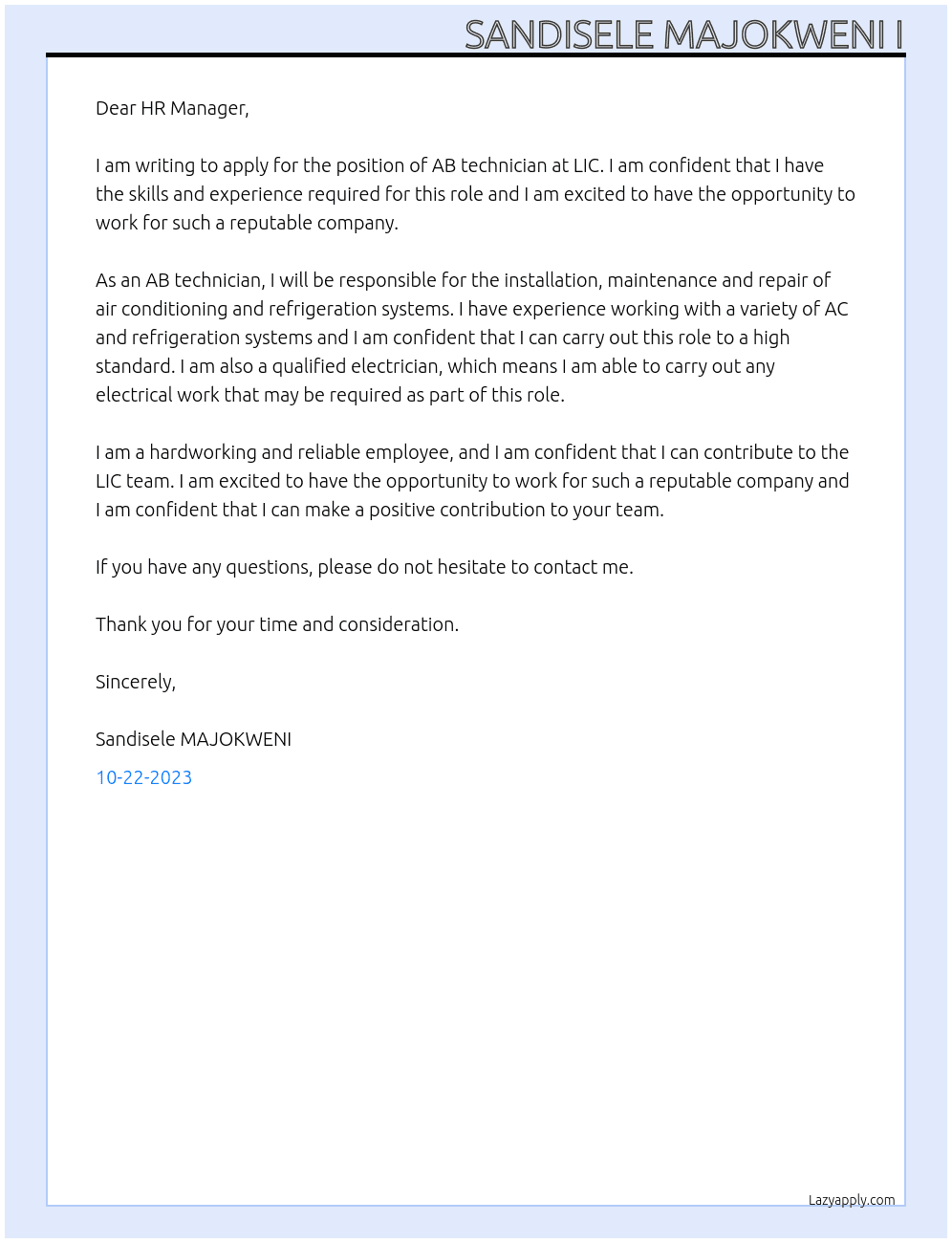 AB technician  At  LIC Cover Letter