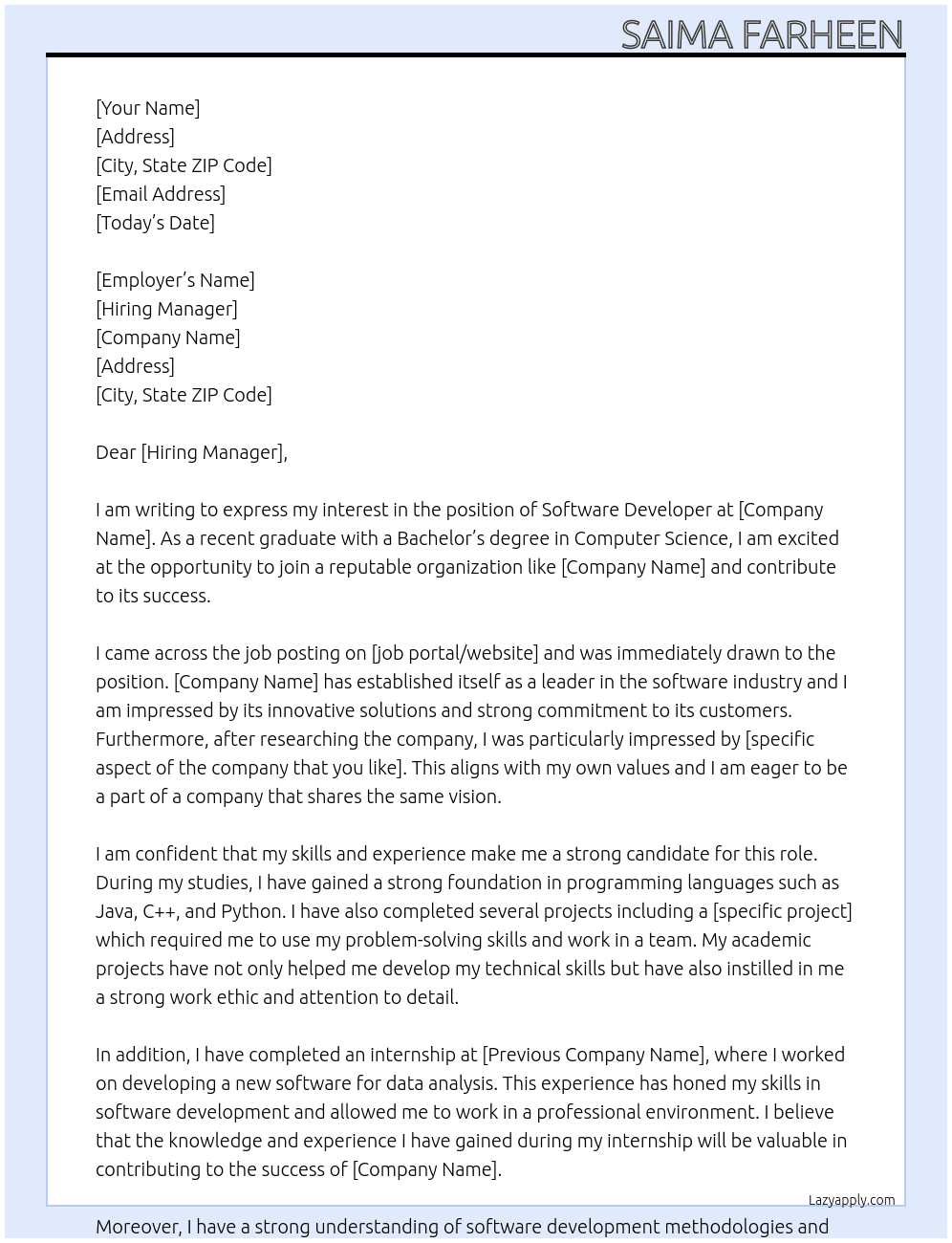 software developer, freshers  At qcentum Cover Letter