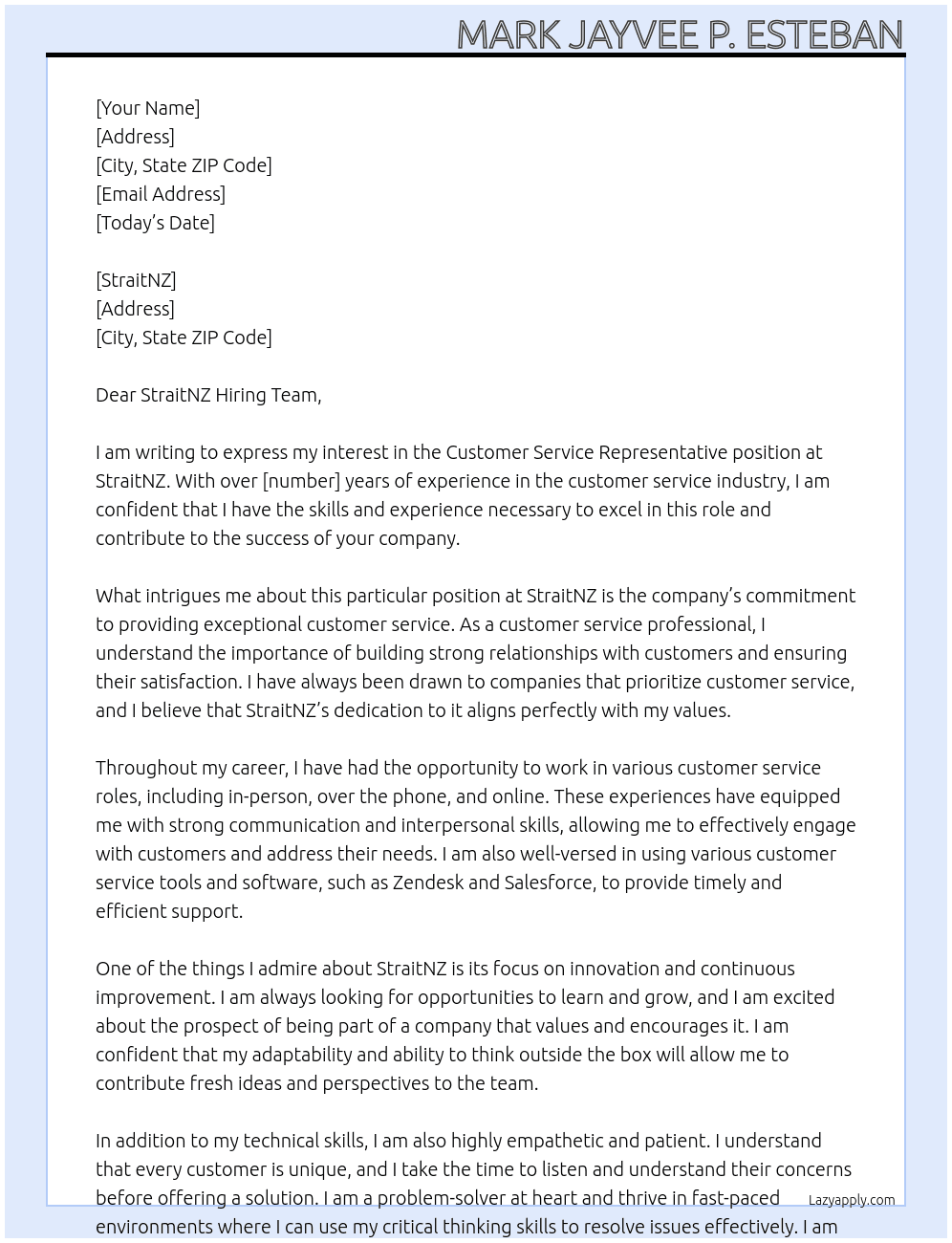 Customer Service Representative At StraitNZ Cover Letter