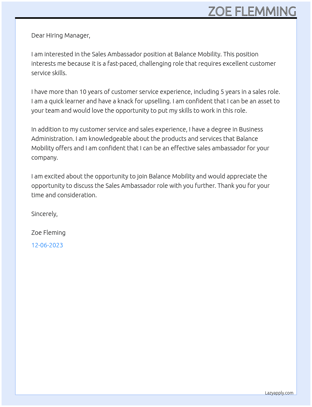 Sales Ambassador  At Balance Mobility Cover Letter