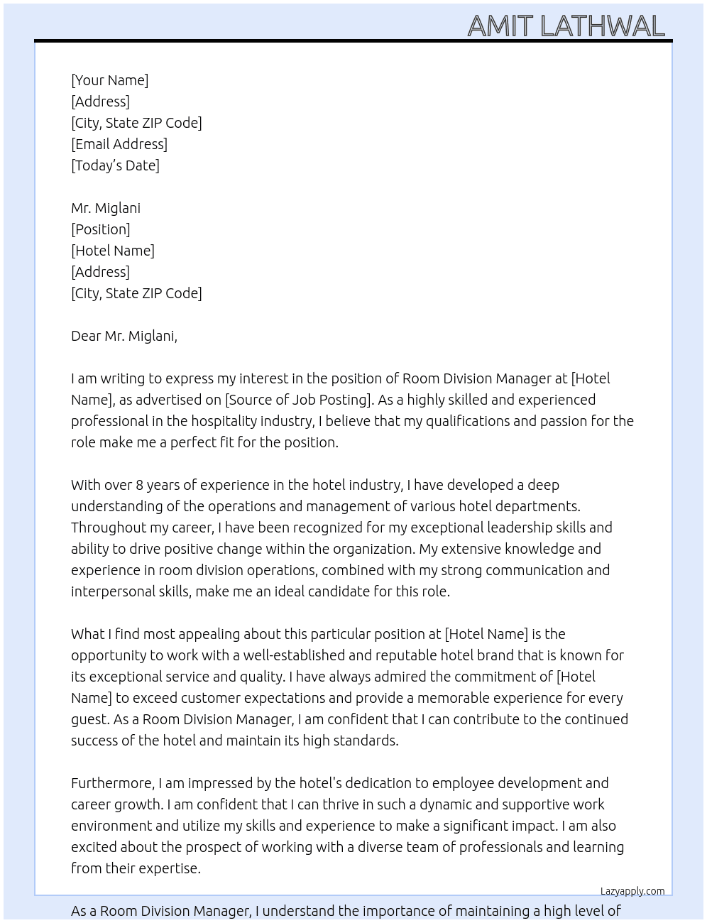 Cover letter for room division manager - LazyApply