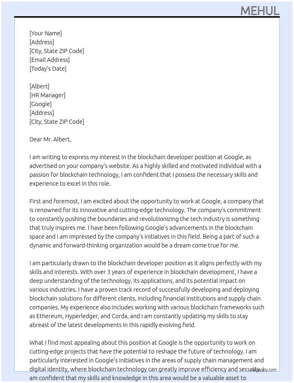 blockchain developer At google Cover Letter