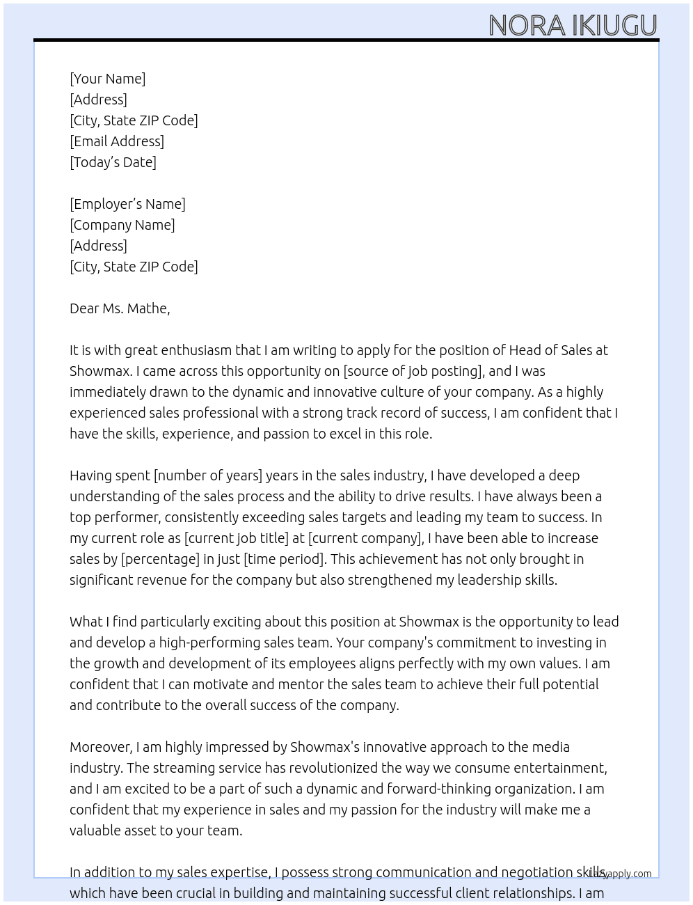 Head of sales At Showmax Cover Letter